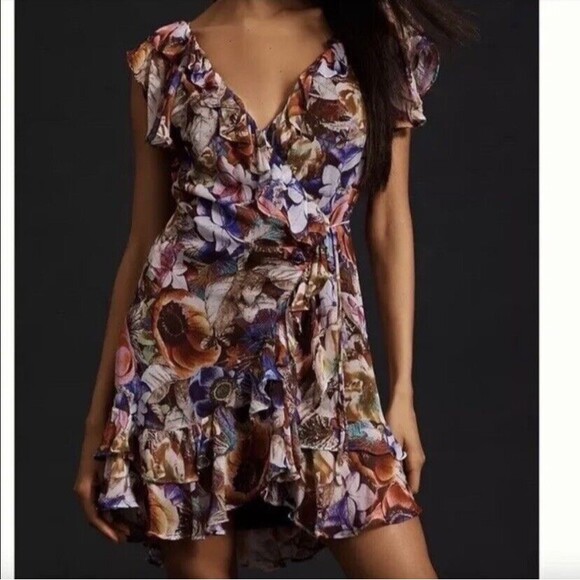 Anthropologie Wrap Dress Size M Floral Mini Ruffled Purple Bohemian Flowers - Picture 1 of 12
